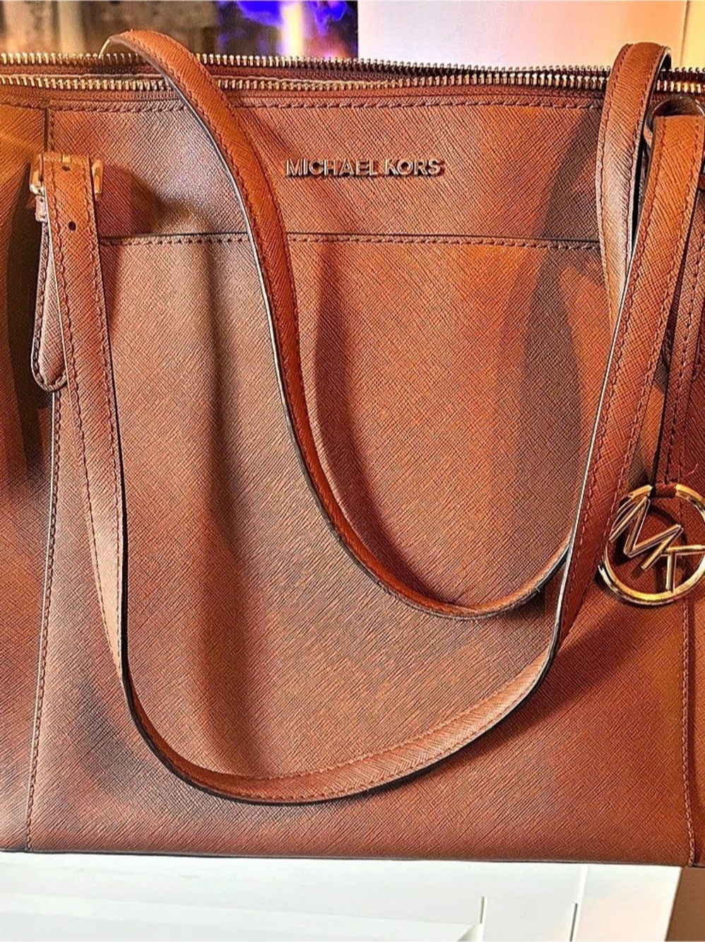 Michael Kors Jet Set Travel Large Saffiano Leather Top-Zip Tote Brown Tote Bag